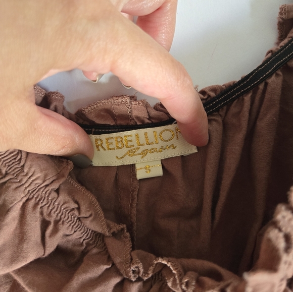 Rebellion Again brown puff sleeve floral embroidery stretch waist tiered dress S - Picture 5 of 8